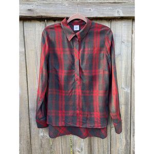 Cabi Cunningham Red Gray Plaid Boyfriend Peplum Shirt Sz M 3587